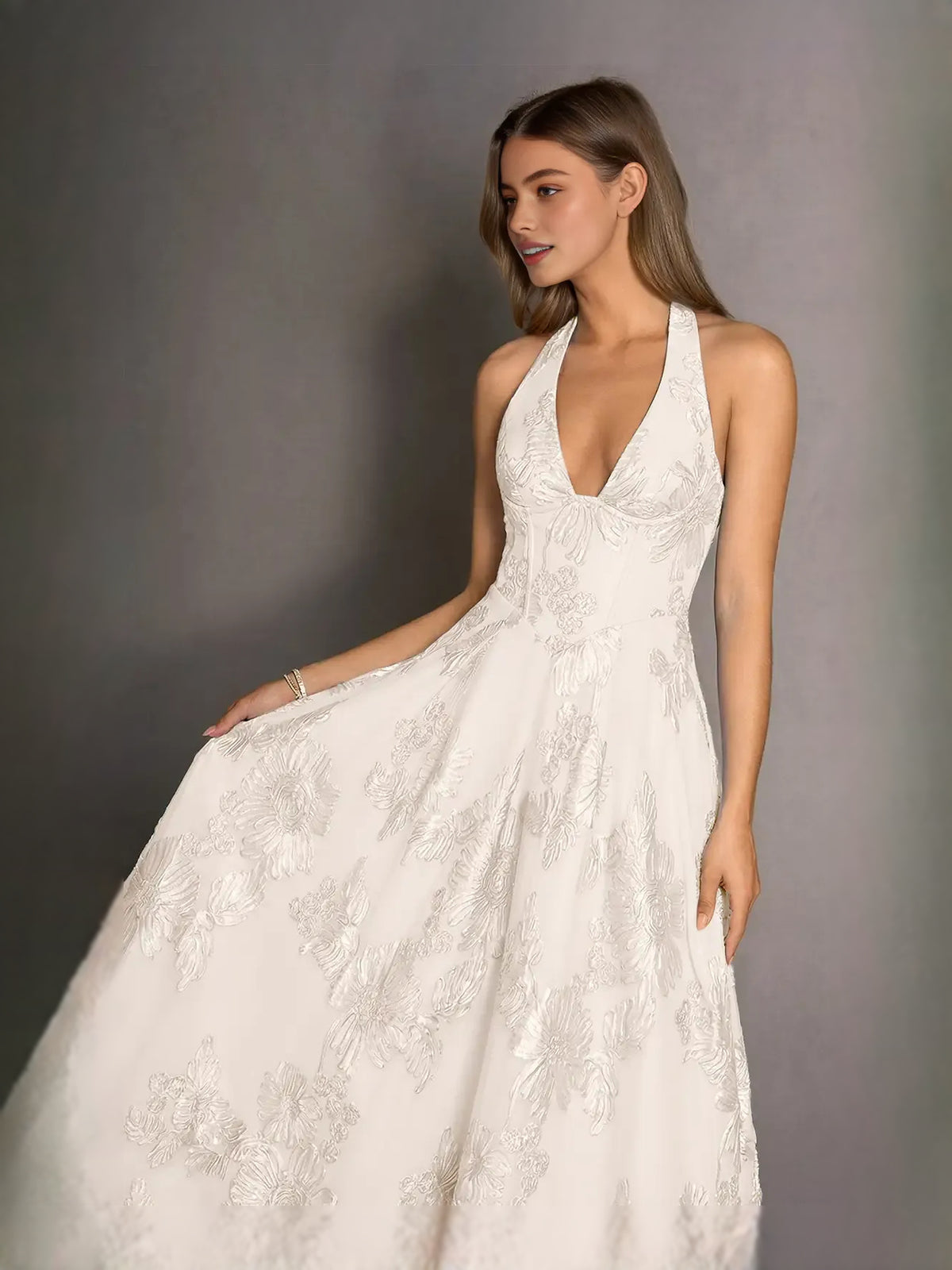 Ivory midi prom dress, alternate view showing the overall dress design
