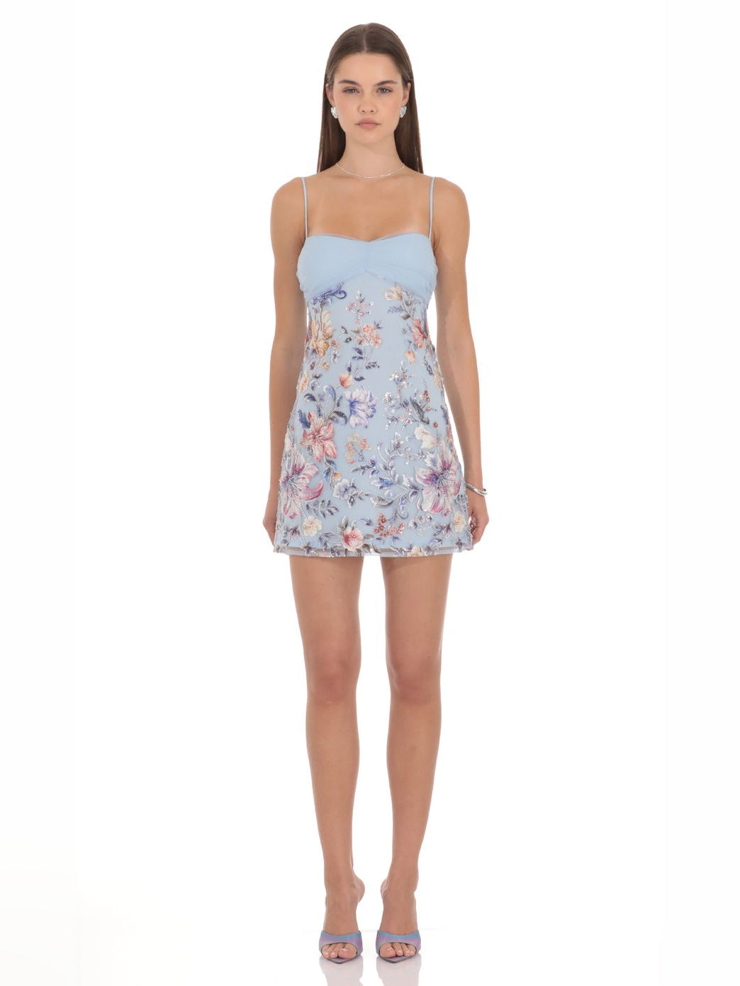 Light Blue mini homecoming dress, alternate view showing the overall dress design