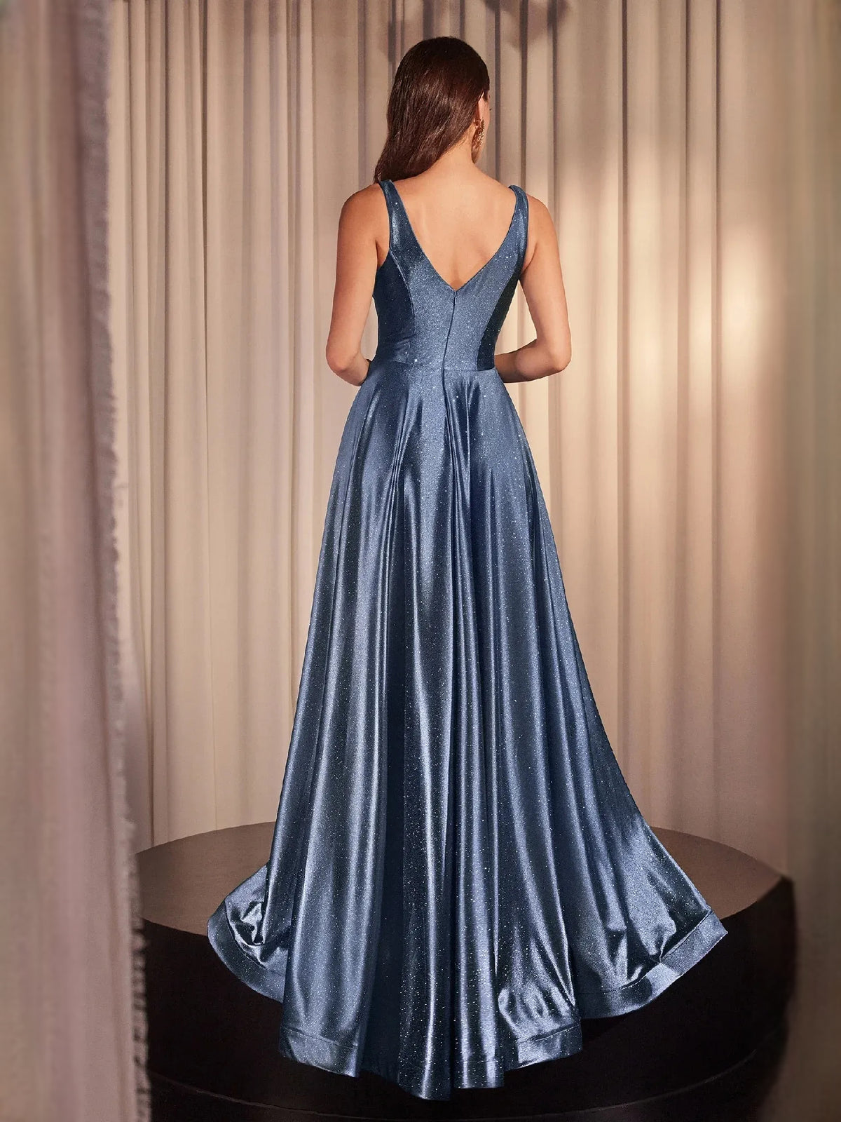 Slate Blue floor-length prom dress, back view showing the rear of the dress from another angle
