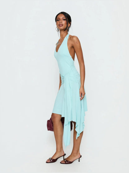 Turquoise midi formal dress with halter neckline, alternate view showing the waist