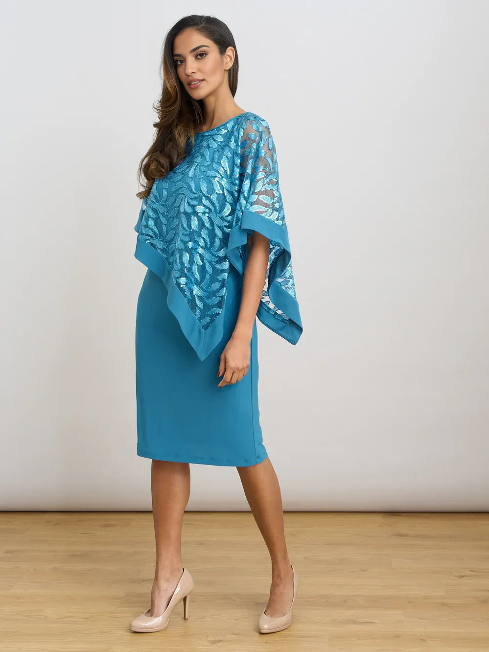Turquoise knee-length mother of the bride dress, alternate view showing the overall dress design