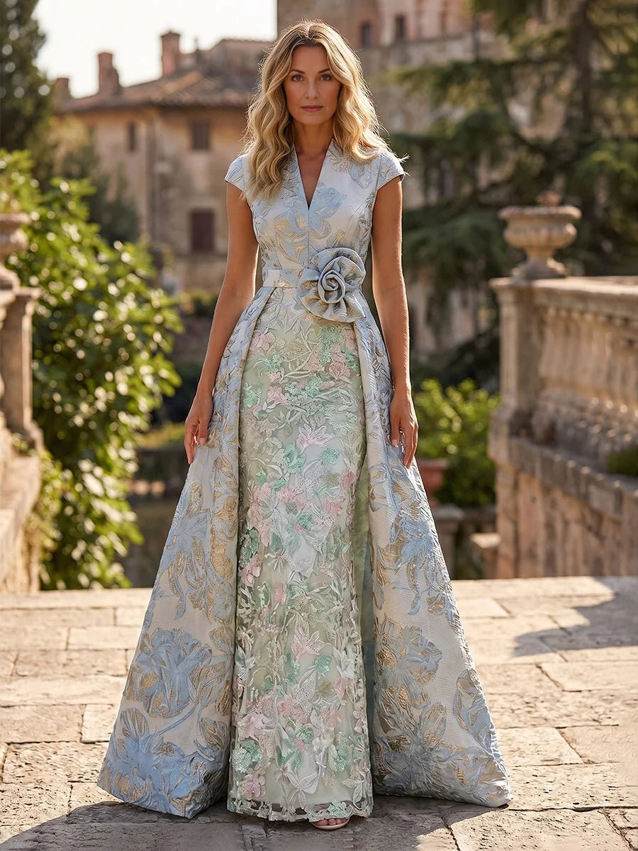 Green floor-length mother of the bride dress, alternate view showing the overall dress design