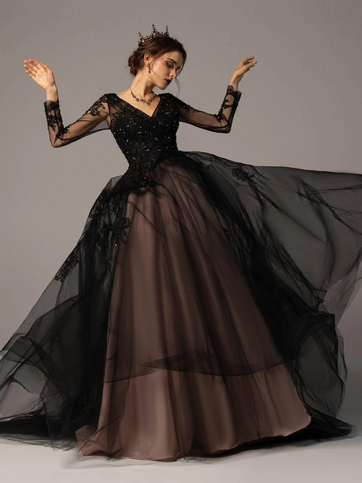 Black floor-length wedding dress, alternate view showing the overall dress design