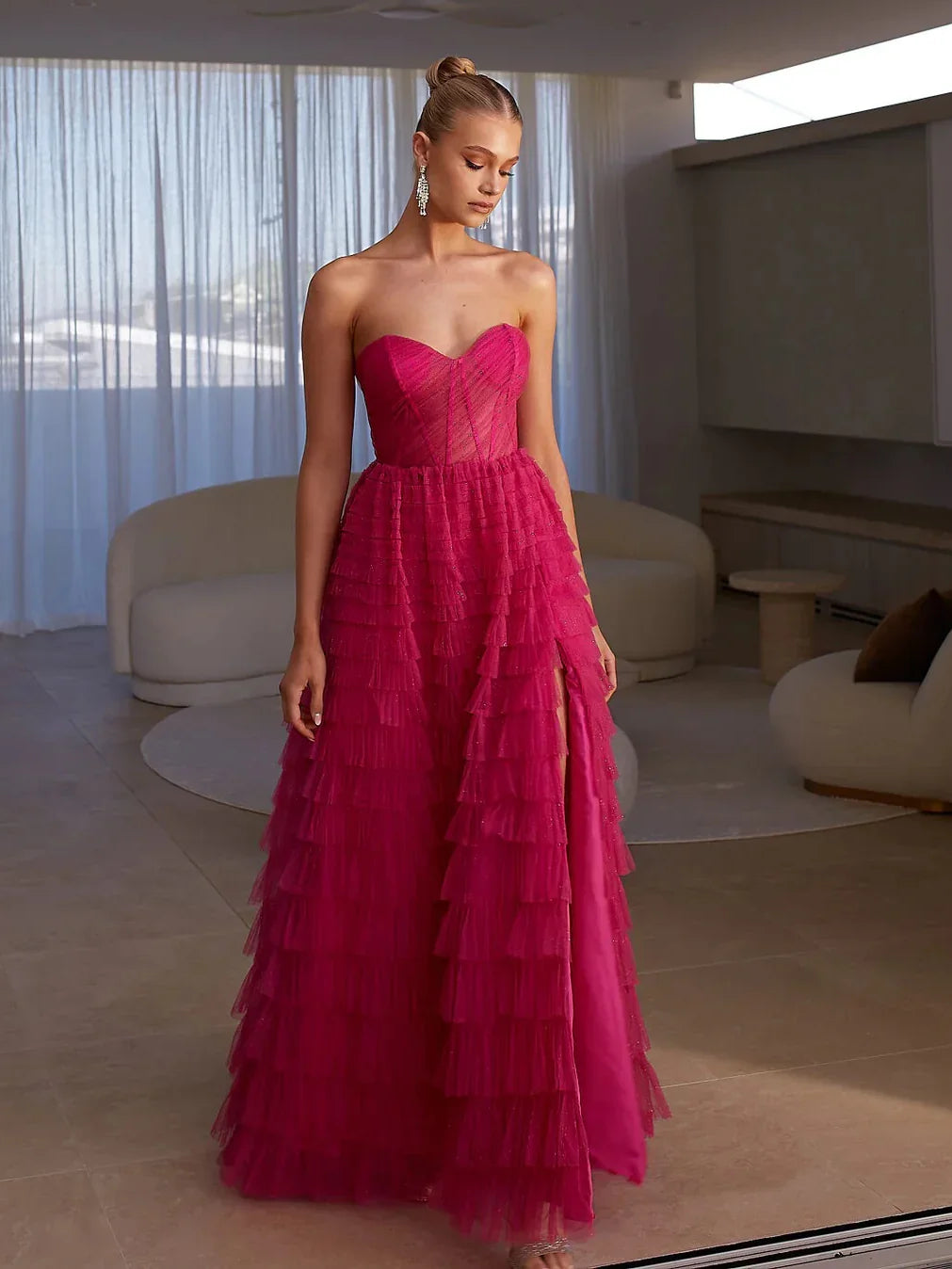 Hot Pink maxi prom dress, alternate view showing the overall dress design