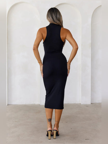 Black bodycon midi formal dress, alternate view showing the waist
