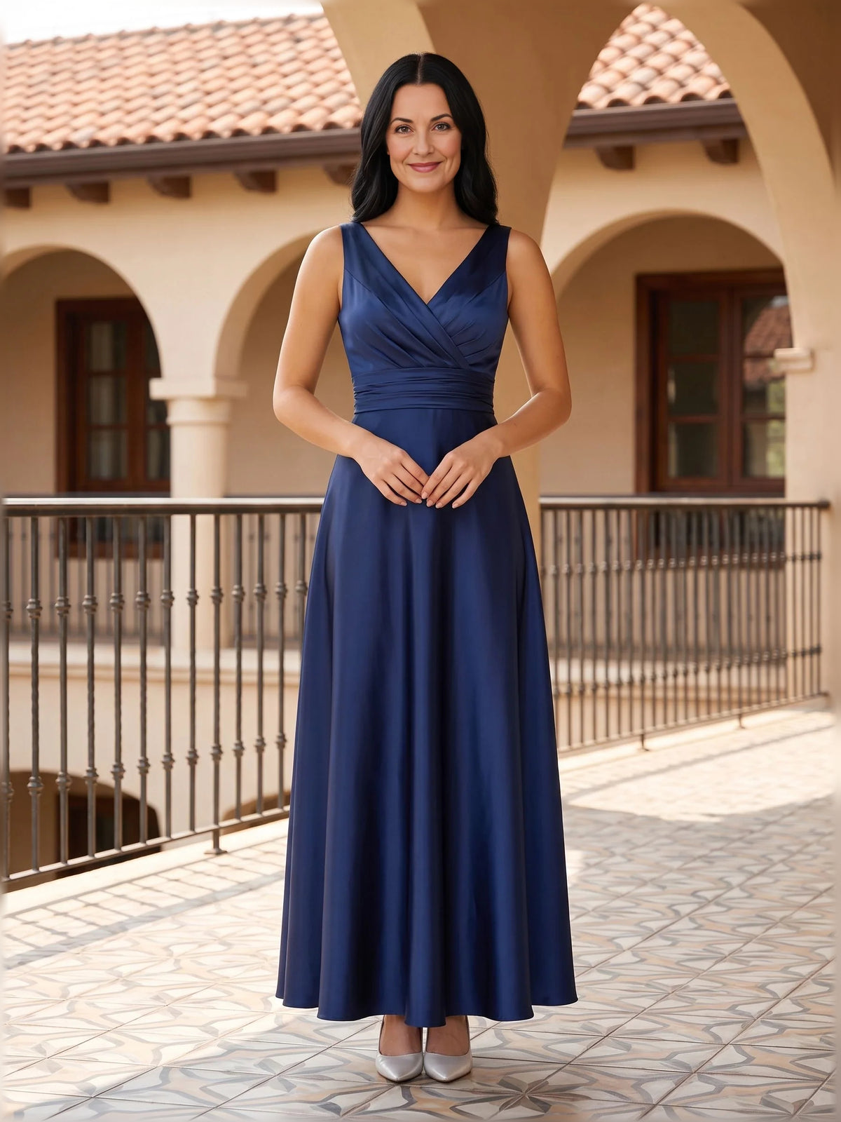 Dark Blue floor-length mother of the bride dress, alternate view showing the overall dress design