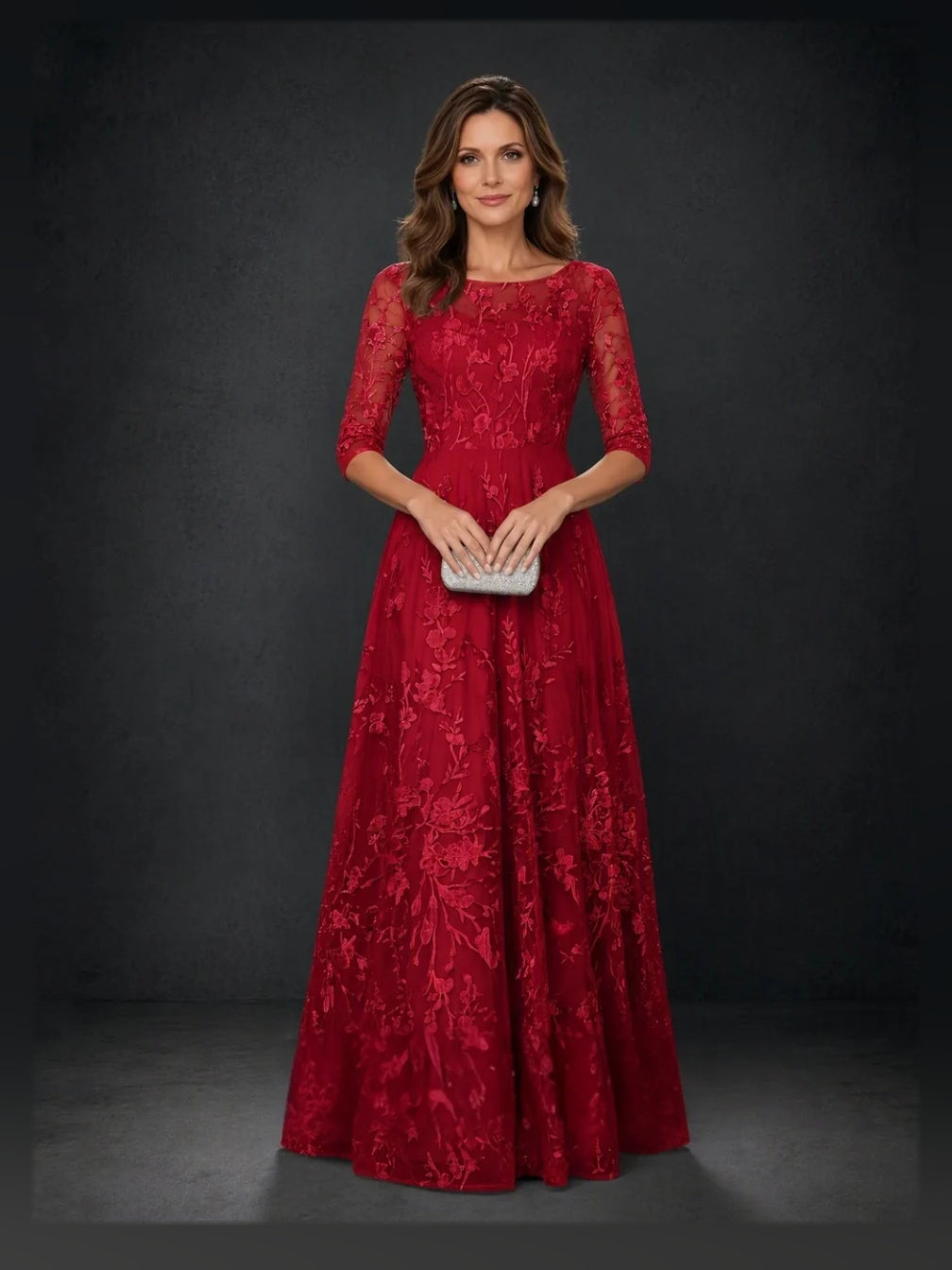 Deep Red floor-length mother of the bride dress, alternate view showing the overall dress design