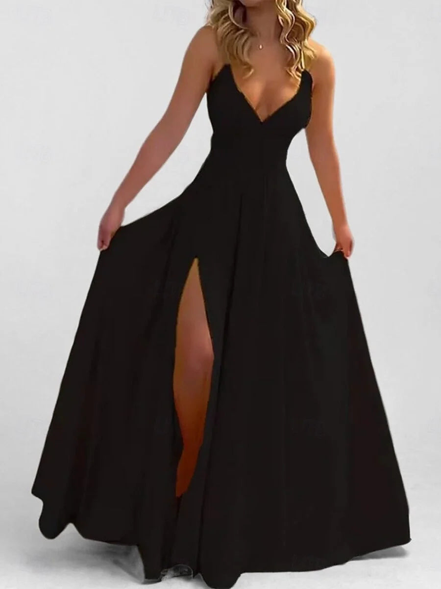 Black maxi prom dress, alternate view showing the overall dress design