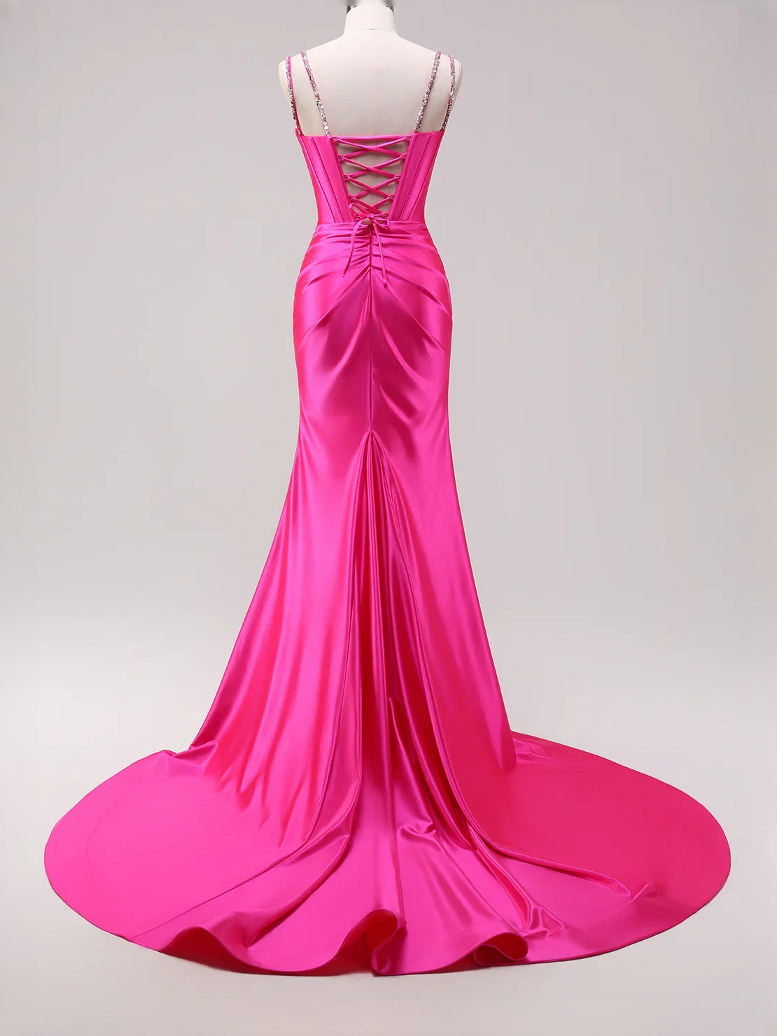 Hot Pink floor-length prom dress, back view showing the rear of the dress in an additional pose