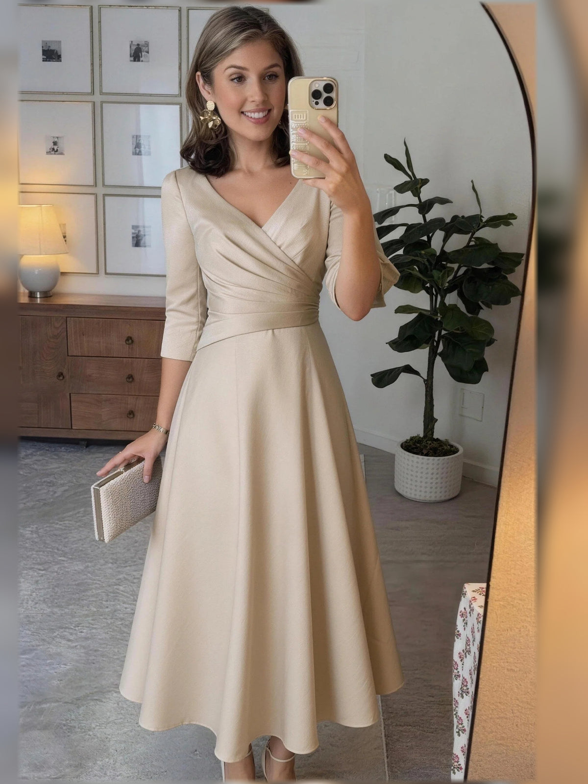 Champagne midi mother of the bride dress, alternate view showing the overall dress design