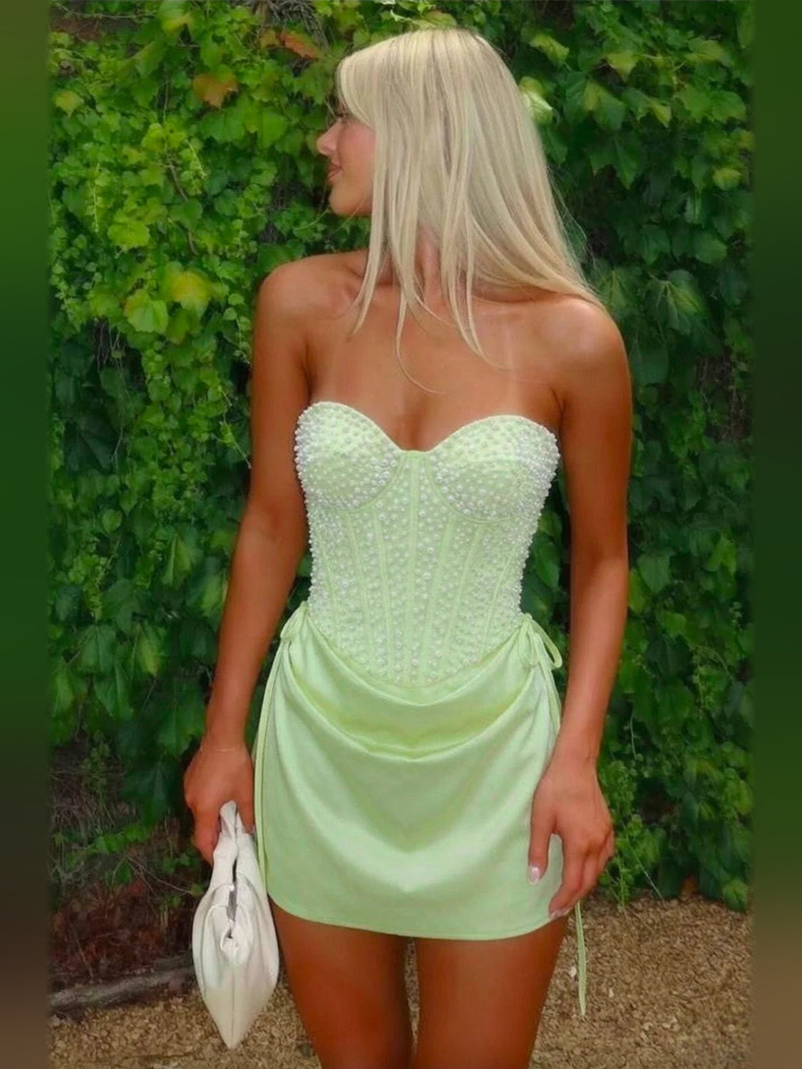 Light Sage mini homecoming dress, alternate view showing the overall dress design
