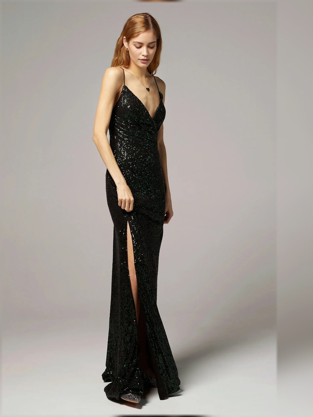 Dark Green sheath floor-length formal dress with sequins, alternate view showing the waist
