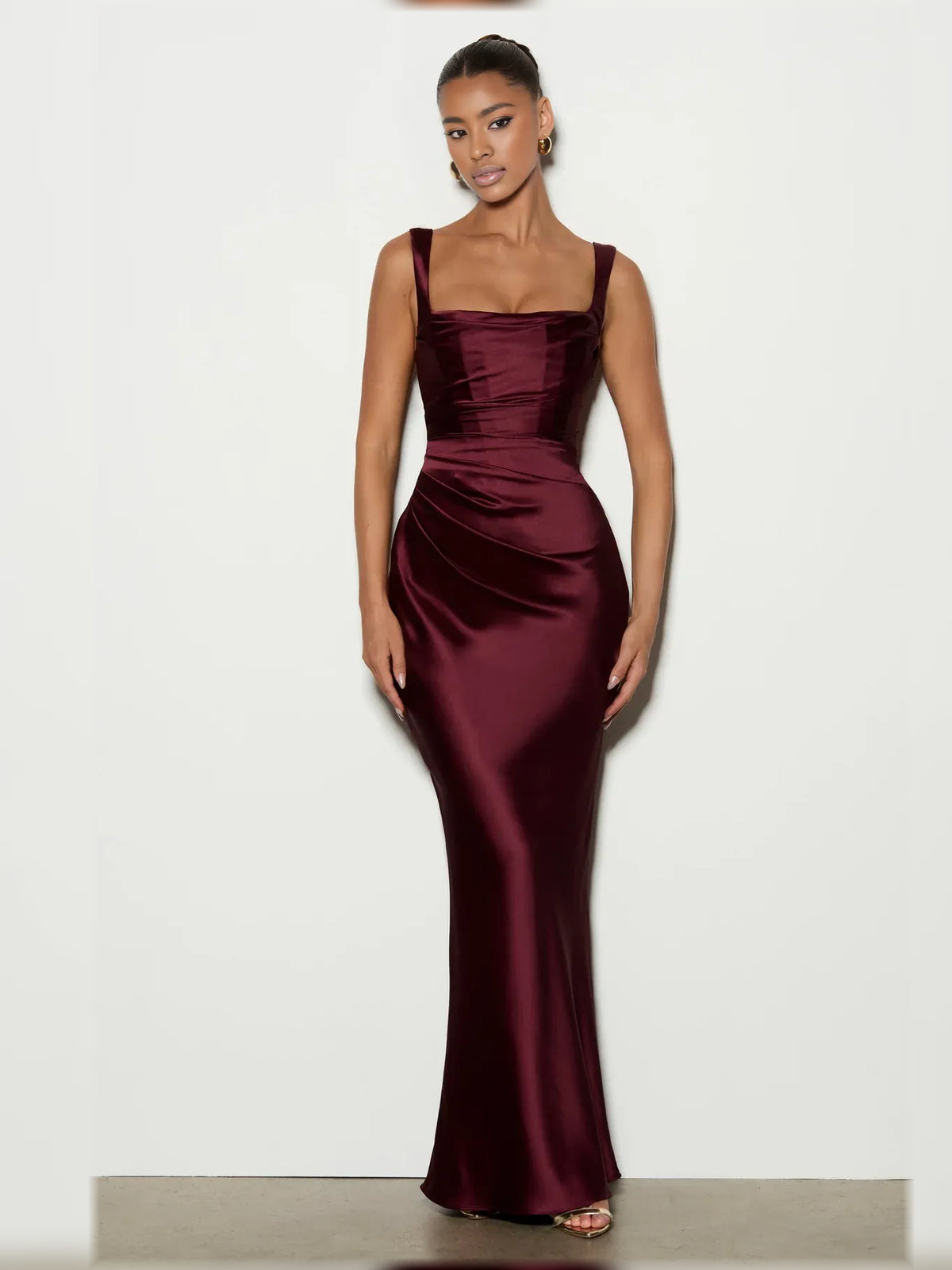 Burgundy mermaid floor-length formal dress with corset-style bodice, alternate view showing the waist