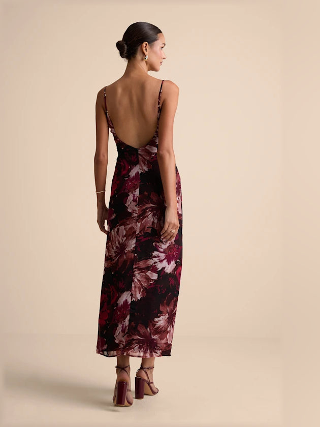 Burgundy Floral midi formal dress with floral print, alternate view showing the waist