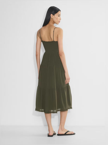 olive midi formal dress with tiered skirt, alternate view showing the waist