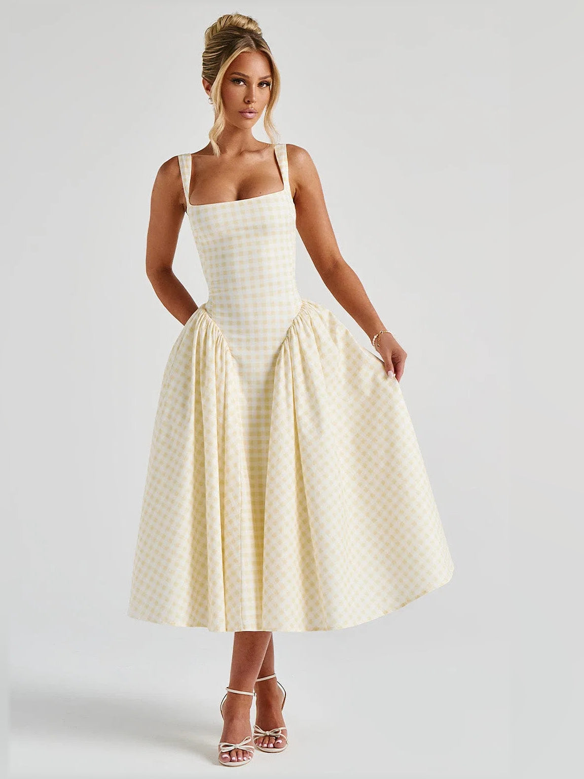 Lemon Gingham midi formal dress, alternate view showing the waist
