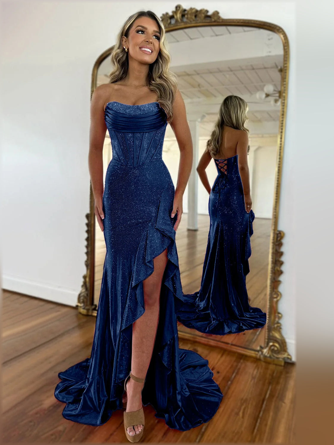 Dark Navy mermaid floor-length formal dress with sequins, alternate view