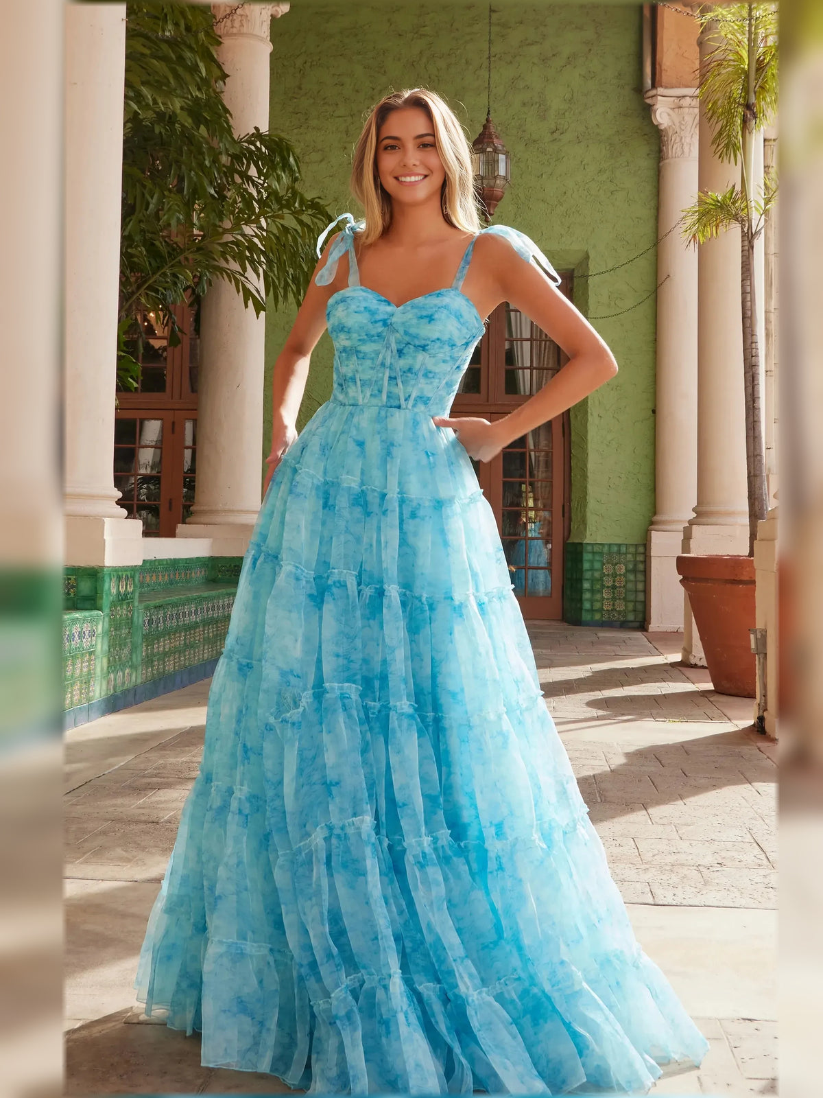 Blue a-line floor-length formal dress with tiered skirt, alternate view