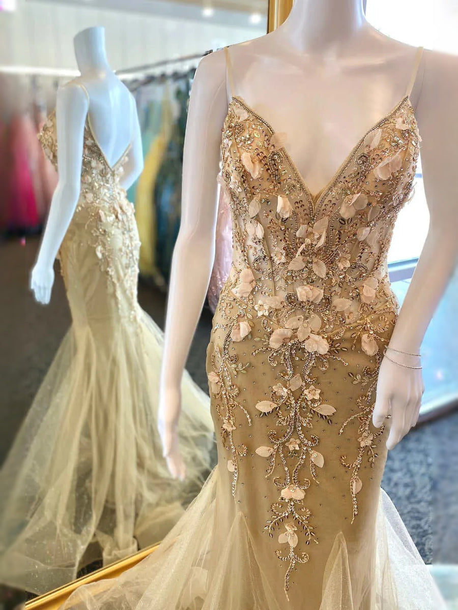 Gold maxi prom dress, alternate view showing the overall dress design