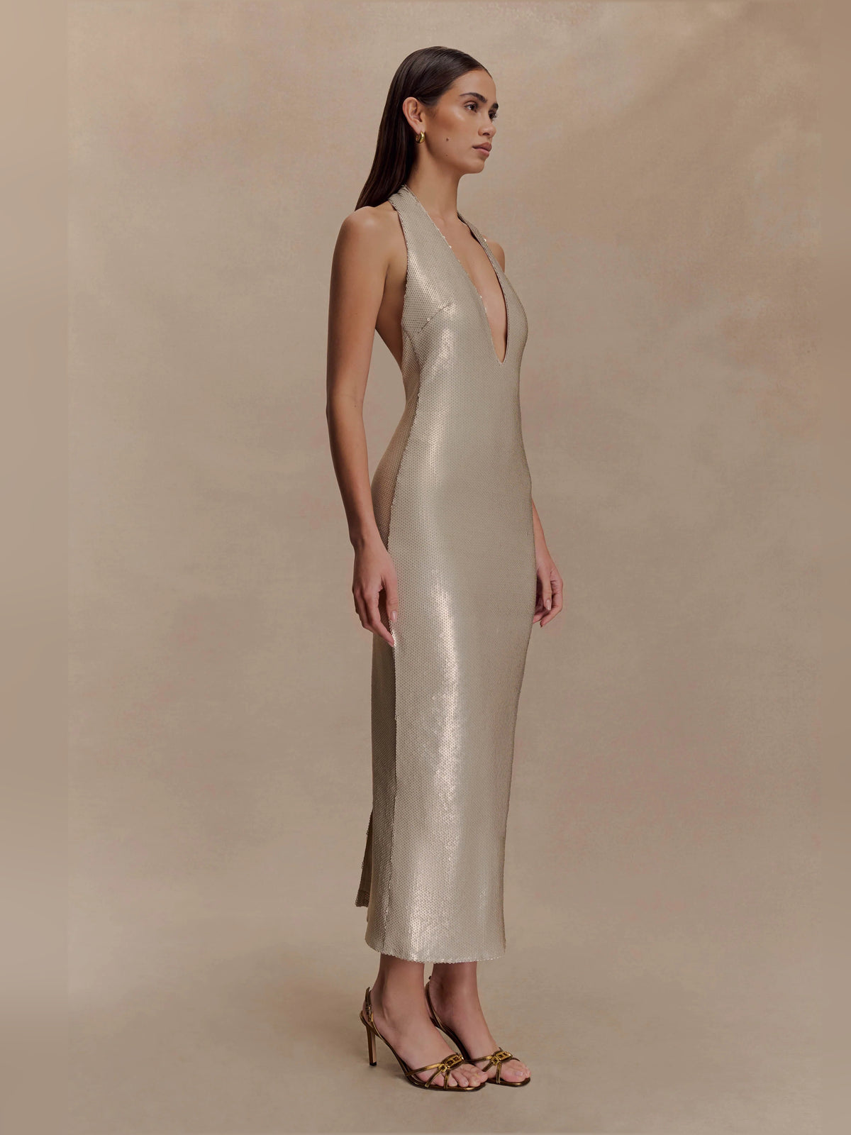 Gold midi formal dress with sequins, alternate view showing the waist