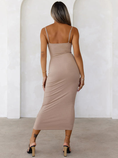 Red midi formal dress, alternate view showing the waist