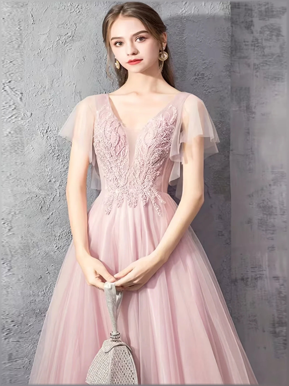 Blush Pink a-line floor-length formal dress with sequins, alternate view showing the waist