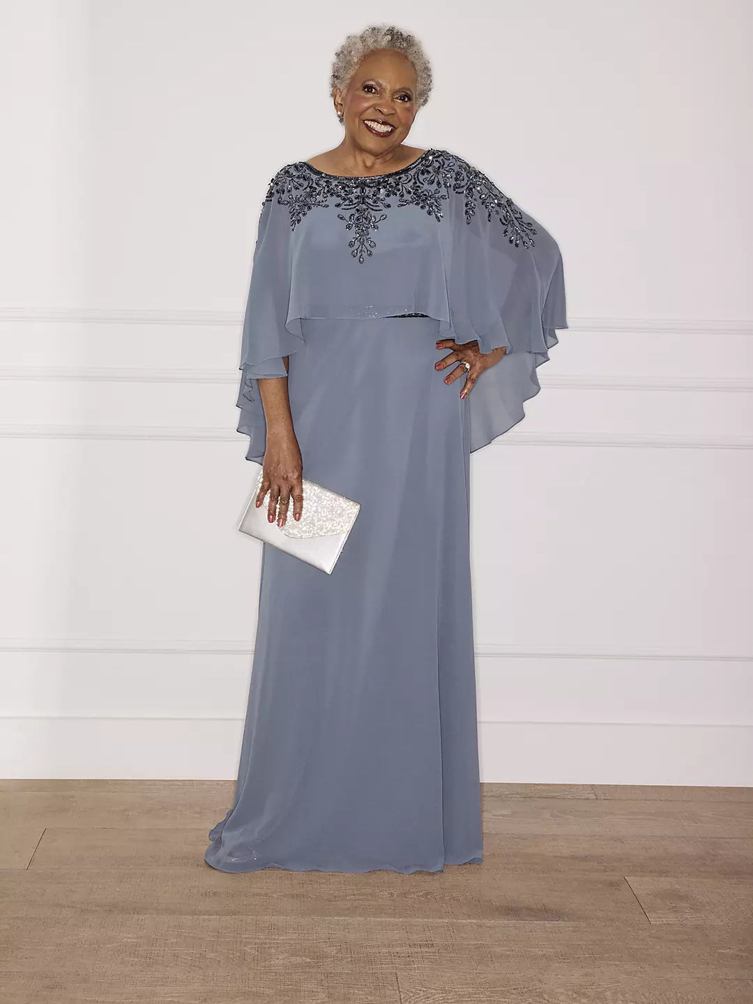 Periwinkle floor-length mother of the bride dress, alternate view showing the overall dress design