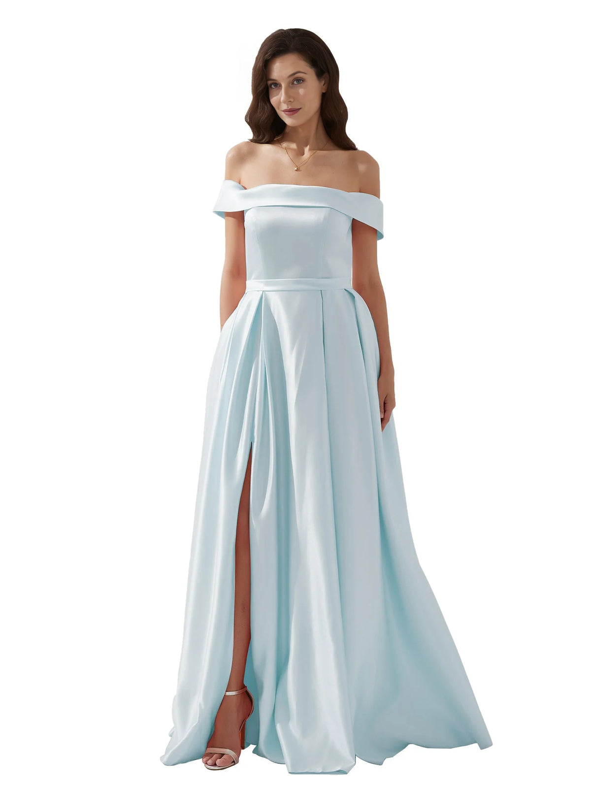 Light Blue a-line floor-length formal dress with skirt slit, alternate view