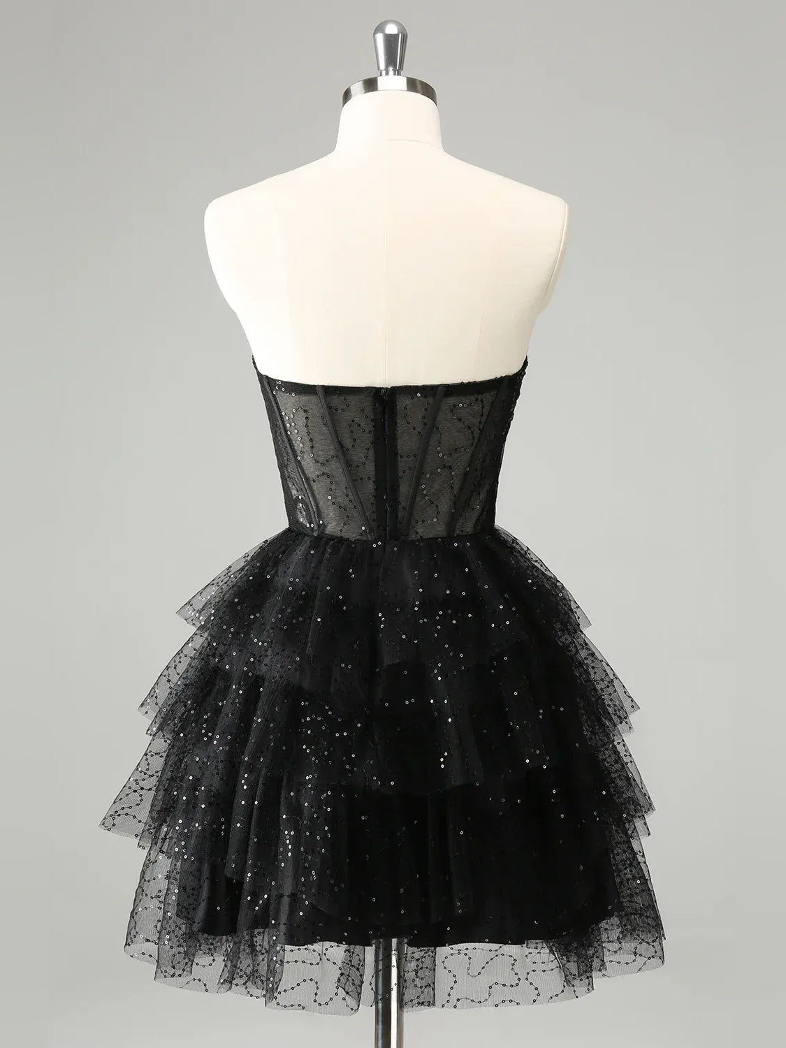 Black mini homecoming dress, alternate view showing the overall dress design