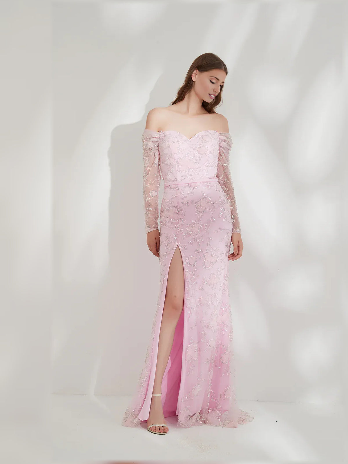 Blush Pink mermaid floor-length formal dress with floral print, alternate view