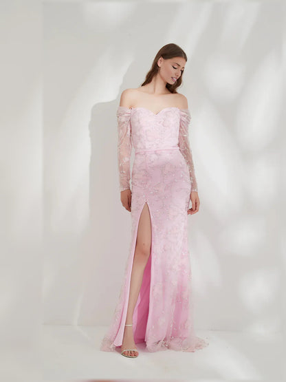 Blush Pink mermaid floor-length formal dress with floral print, alternate view