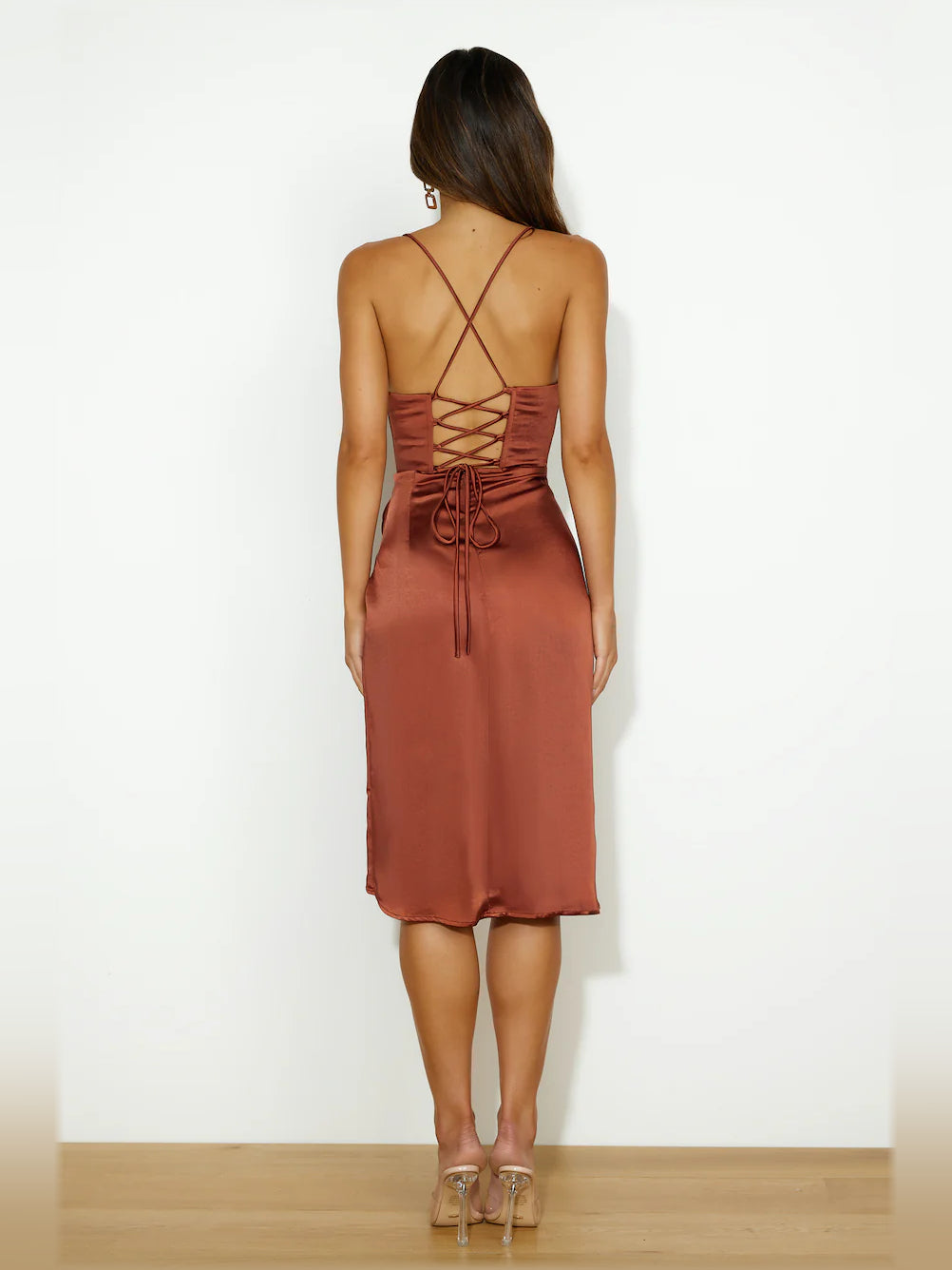 Brown midi formal dress, alternate view showing the waist