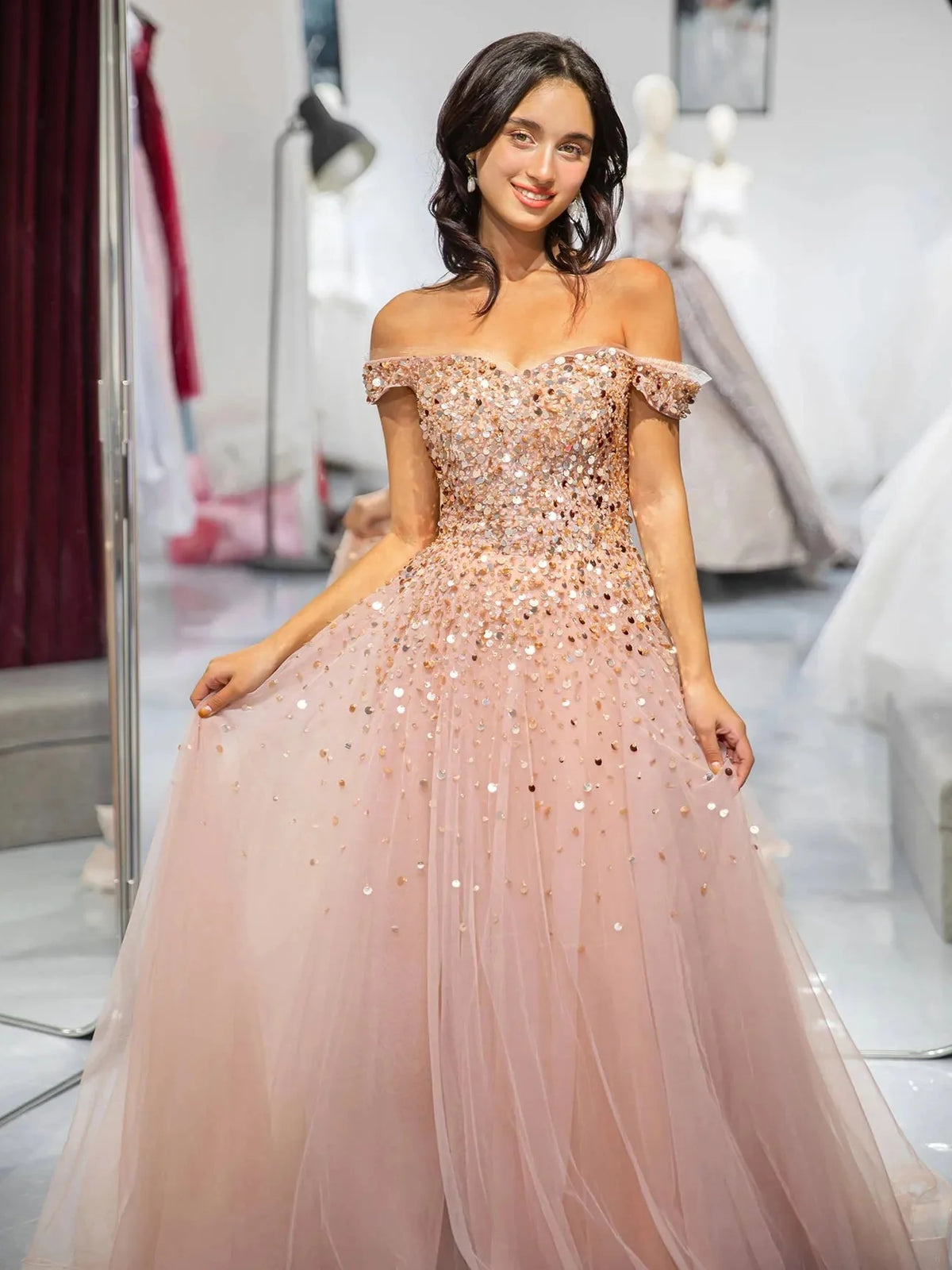 Champagne a-line floor-length formal dress with ruffle details, alternate view
