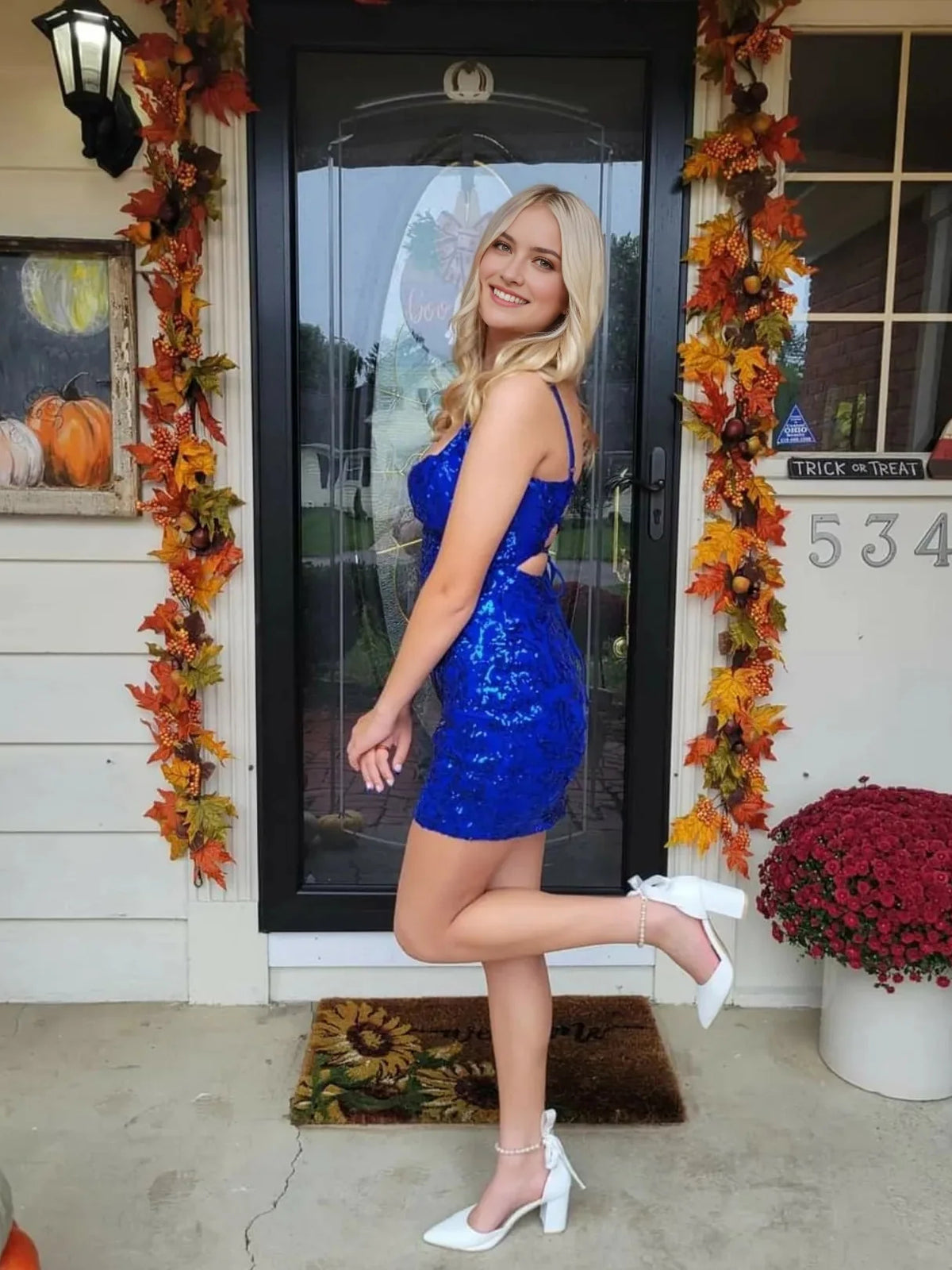 Blue Velvet mini homecoming dress, close view of the dress design