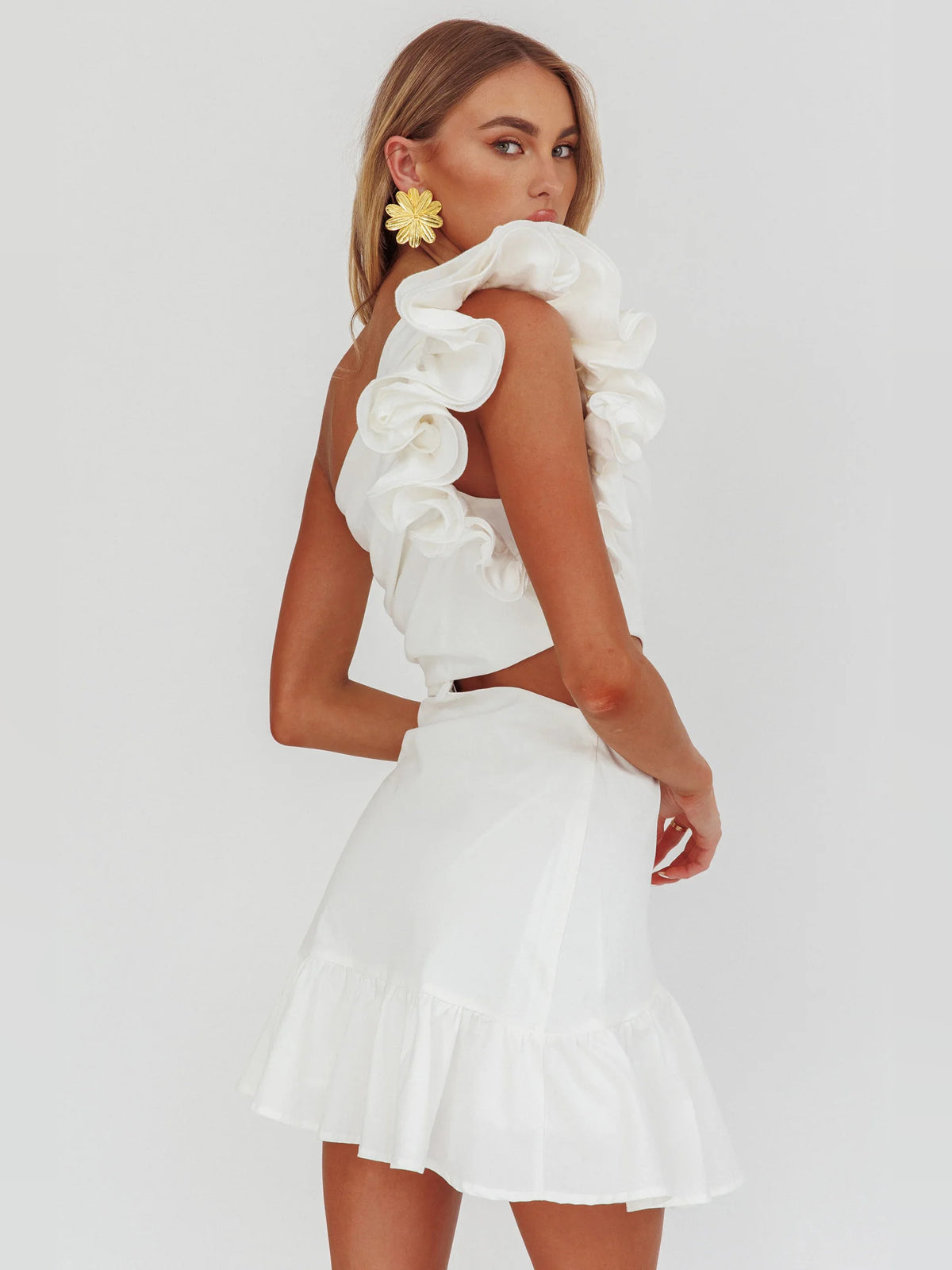 White mini homecoming dress, alternate view showing the overall dress design