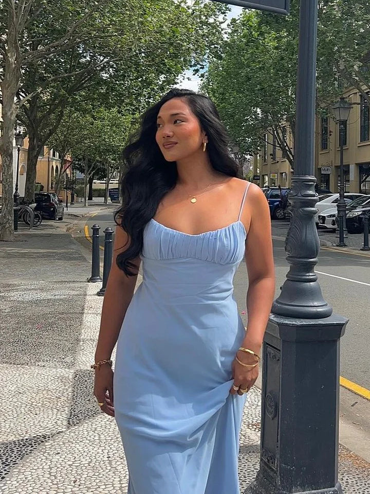 Blue midi formal dress, alternate view showing the waist