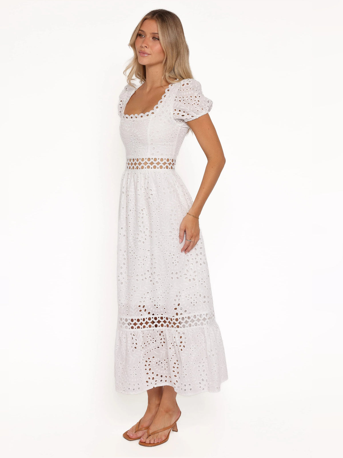 White midi formal dress, alternate view showing the waist
