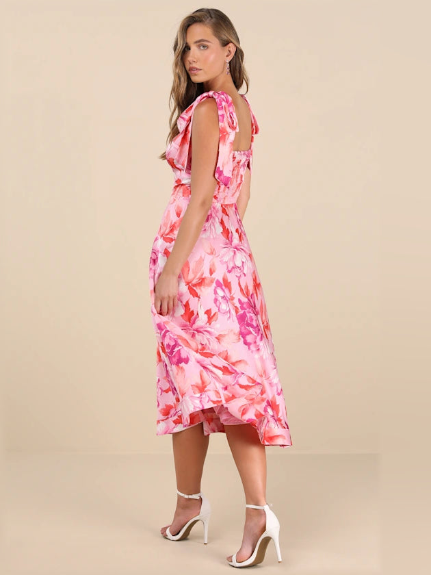 Pink Floral midi formal dress with floral print, alternate view showing the waist