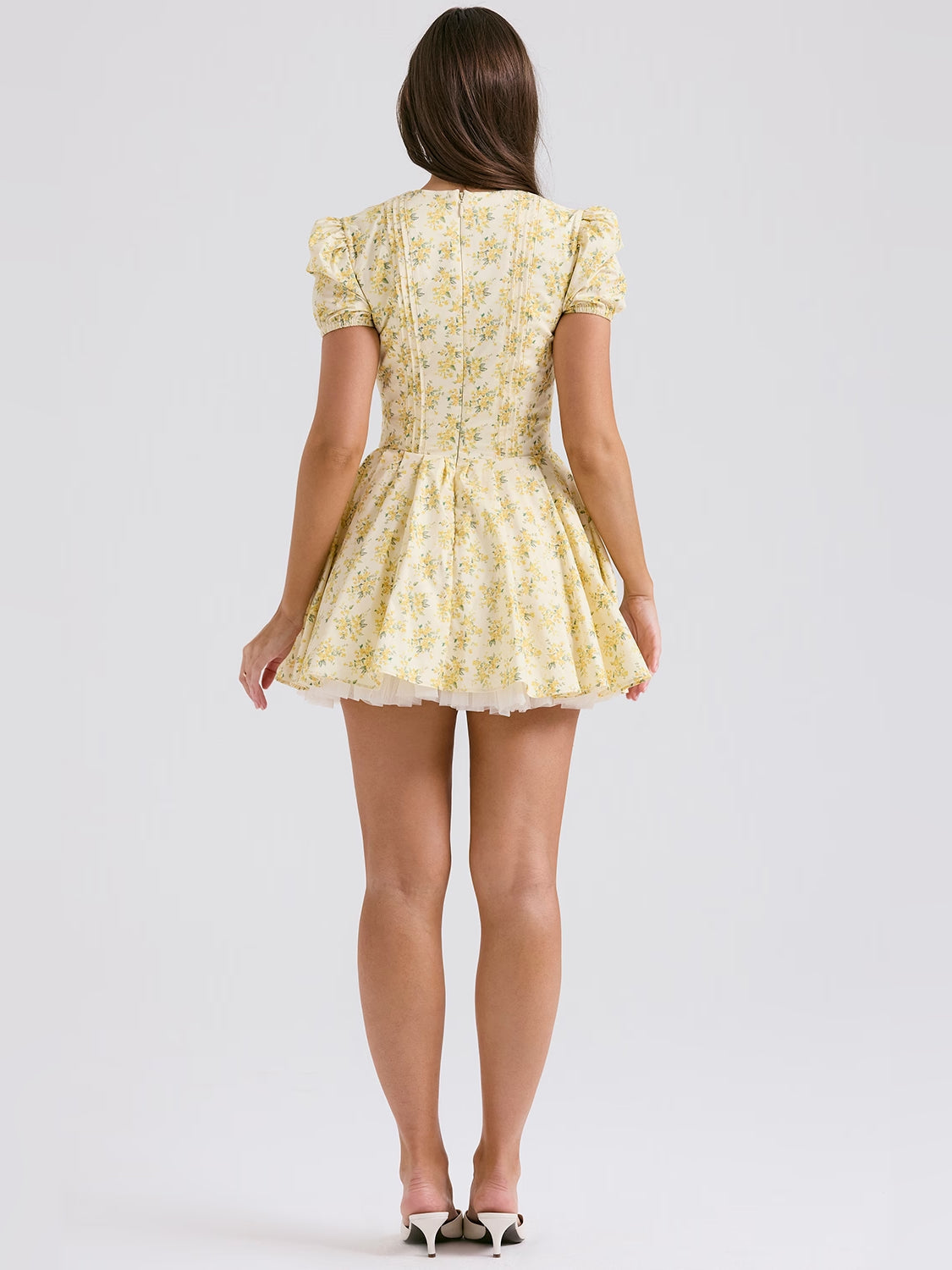 Floral mini homecoming dress, alternate view showing the overall dress design