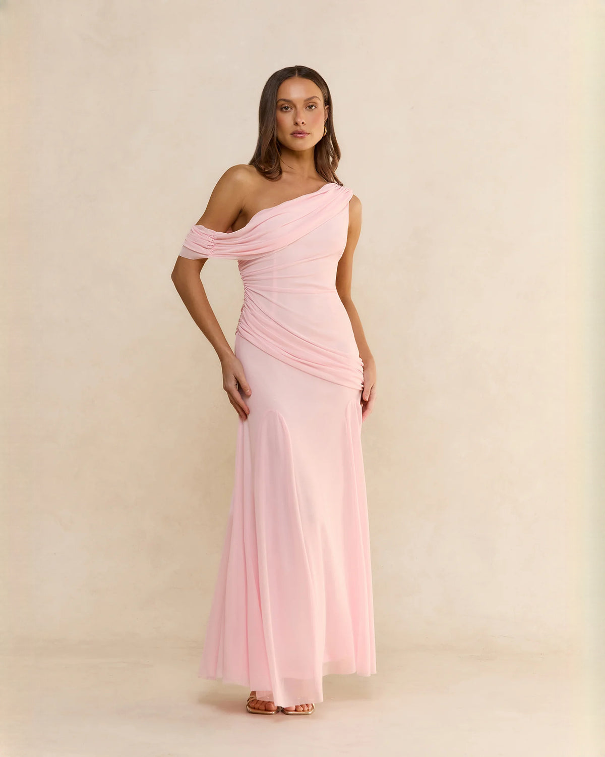 off-shoulder satin a-line maxi bridesmaid dress - image 4