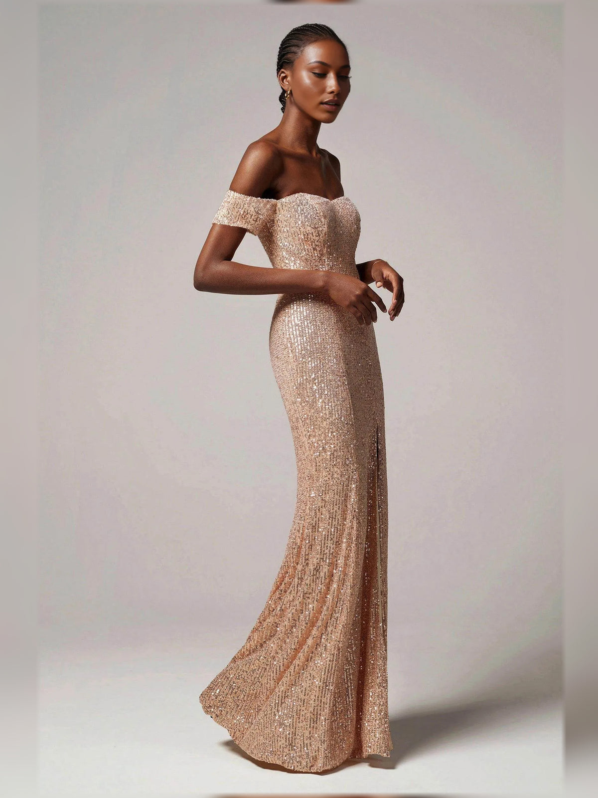 Rose Gold sheath floor-length formal dress with skirt slit, alternate view