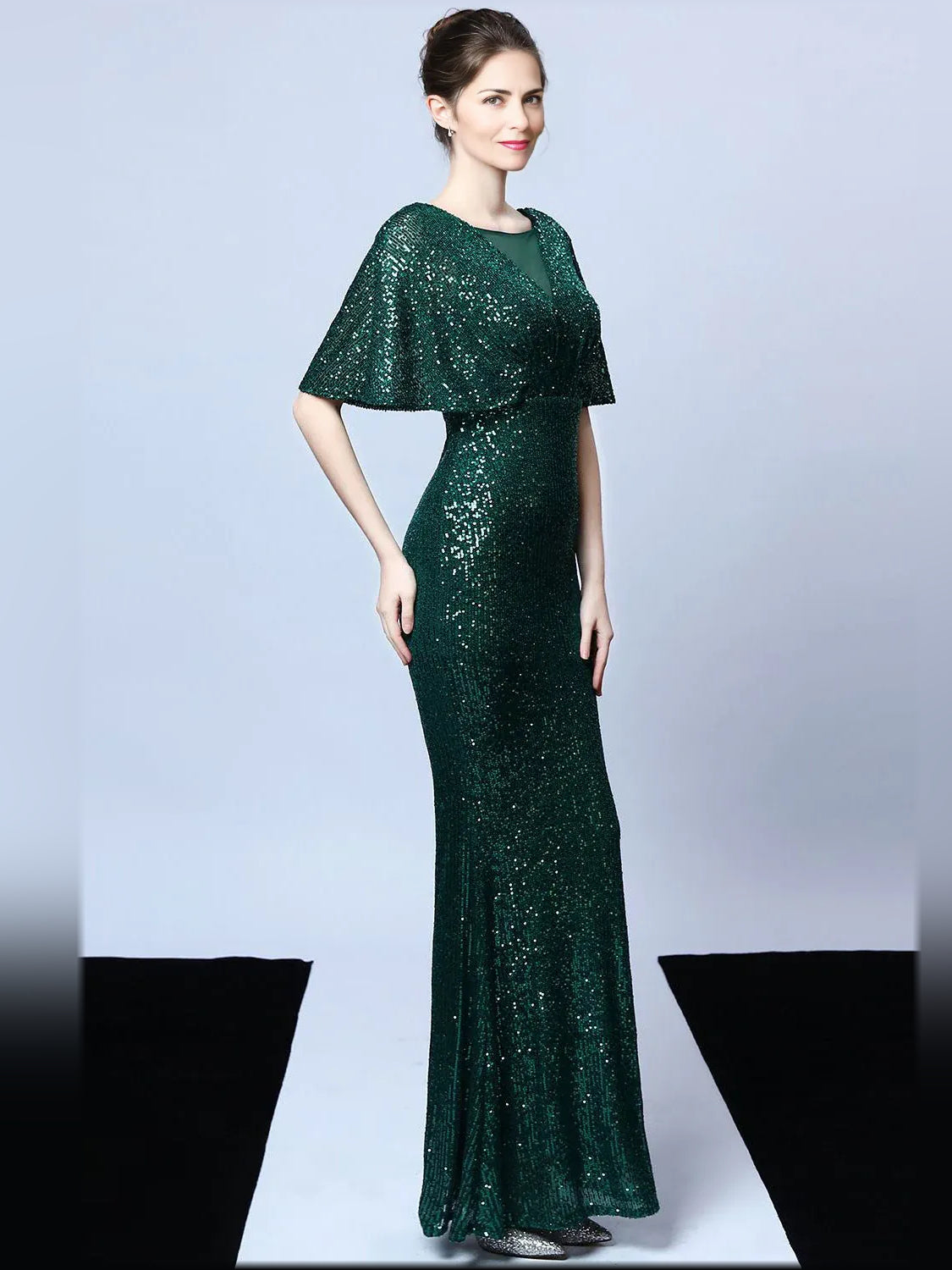 Dark Green mermaid floor-length formal dress with draping, alternate view showing the waist