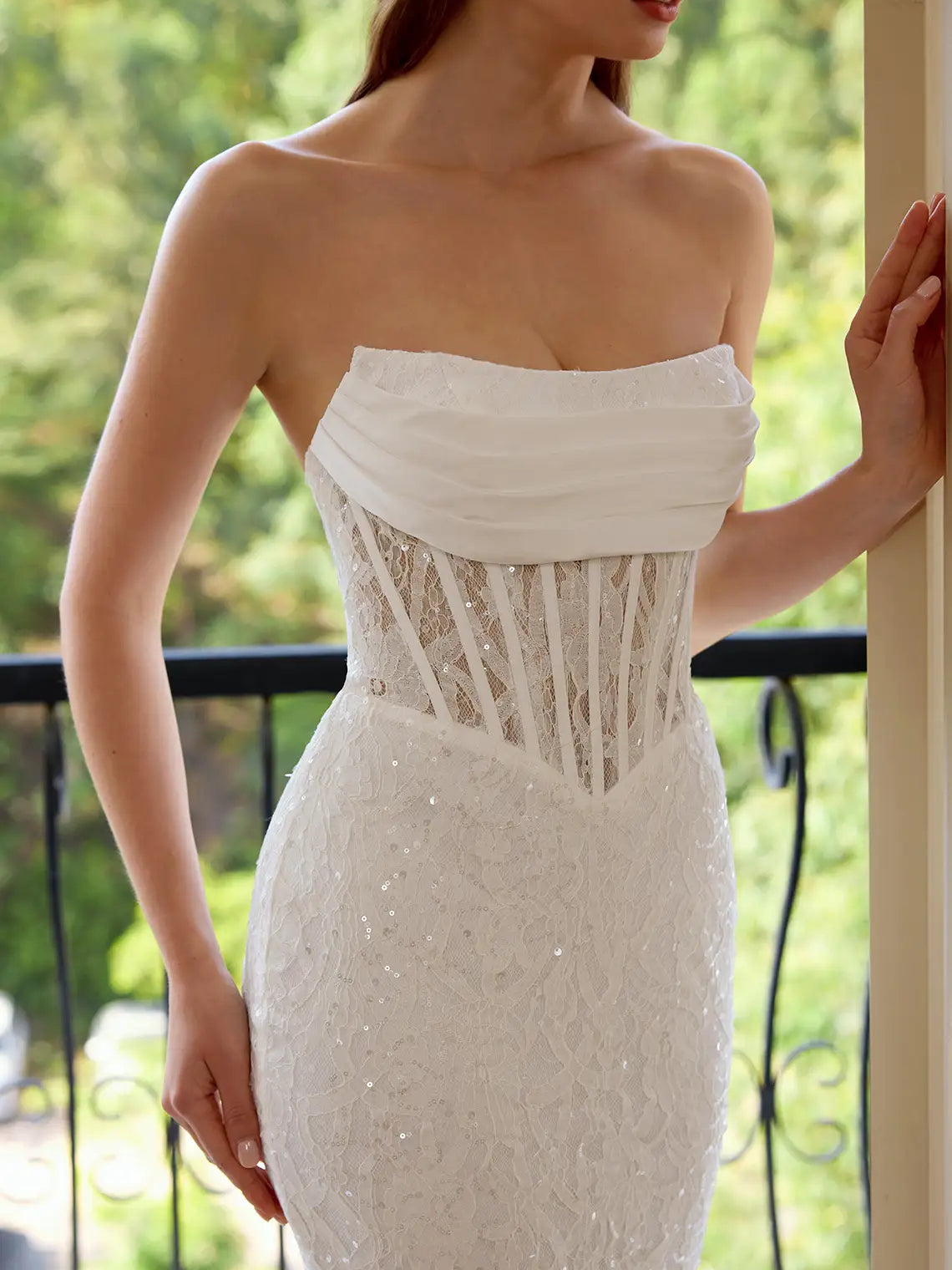 White mermaid floor-length formal dress with corset-style bodice, alternate view