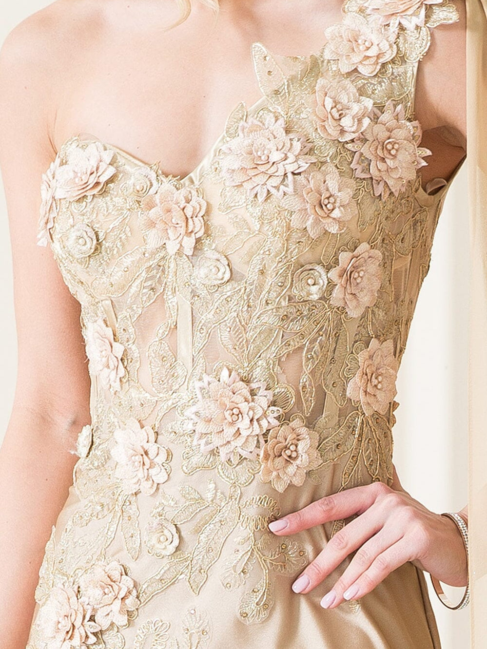 Champagne mermaid floor-length formal dress with floral print, alternate view showing the waist