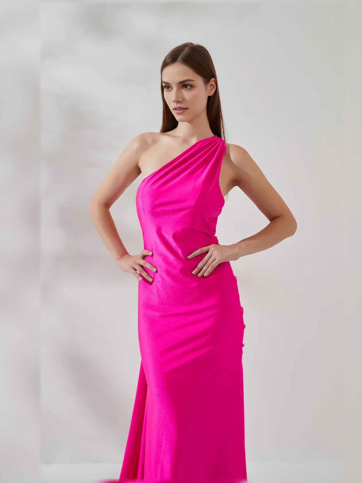 Hot Pink mermaid floor-length formal dress with draping, alternate view showing the waist
