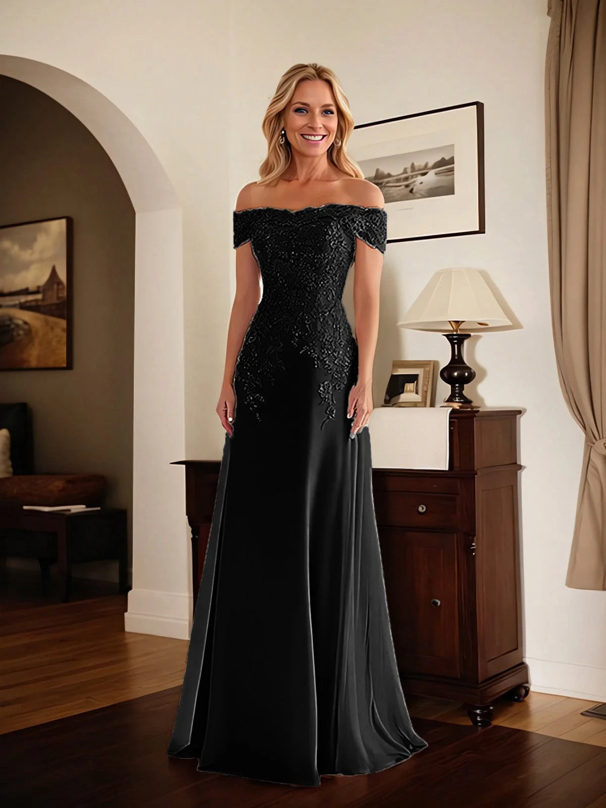 Black floor-length mother of the bride dress, alternate view showing the overall dress design