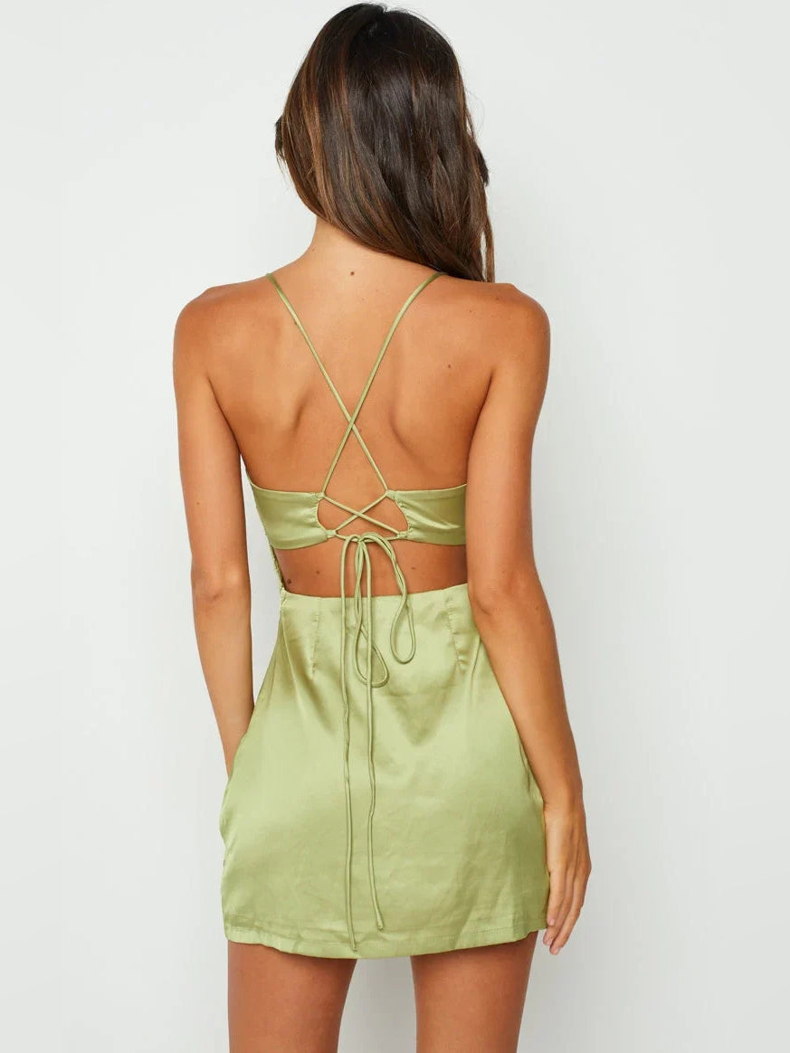 Sage Green mini homecoming dress, alternate view showing the overall dress design
