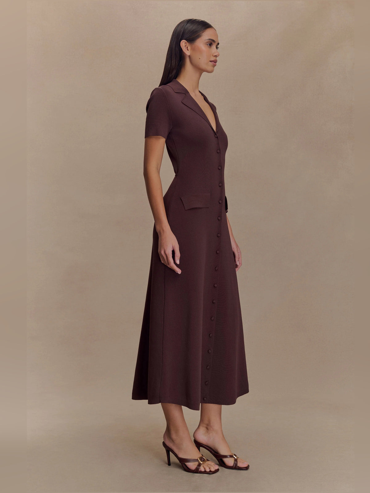 Chocolate midi formal dress, alternate view showing the waist