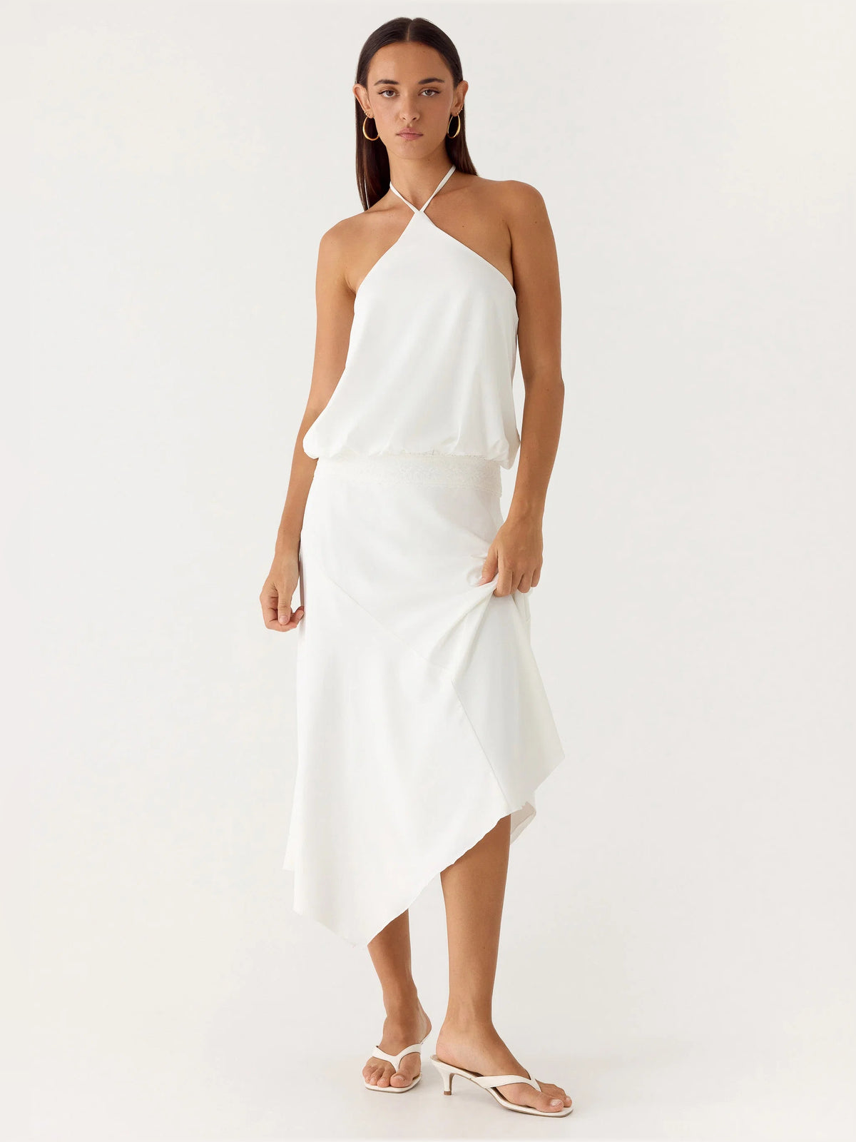 White midi formal dress, alternate view showing the waist