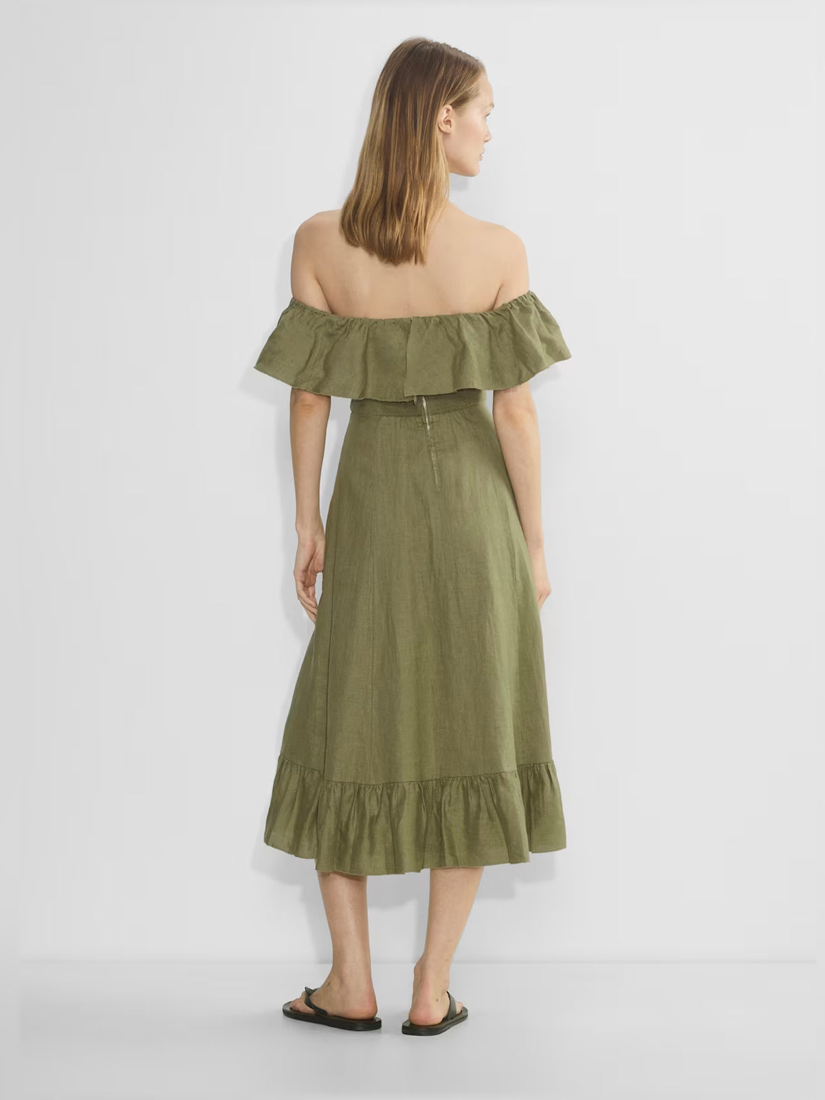 Gold midi formal dress with off-the-shoulder neckline, alternate view showing the waist